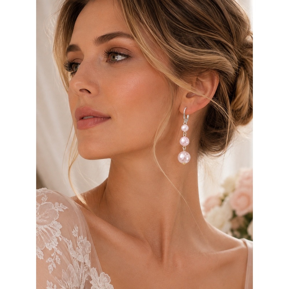 Pink Faux Pearl Dangle Earrings Silver Tone Leverback Drop Earrings Romantic